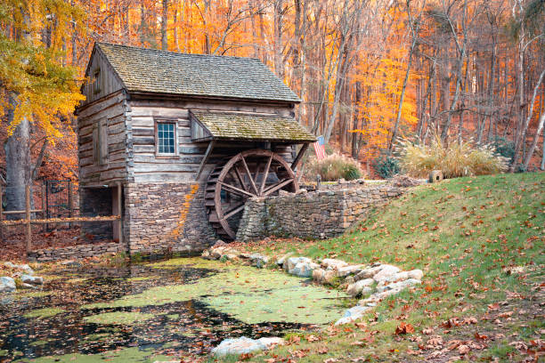 Cuttalossa barn mill in Bucks County Pennsylvania with colorful fall foliage.