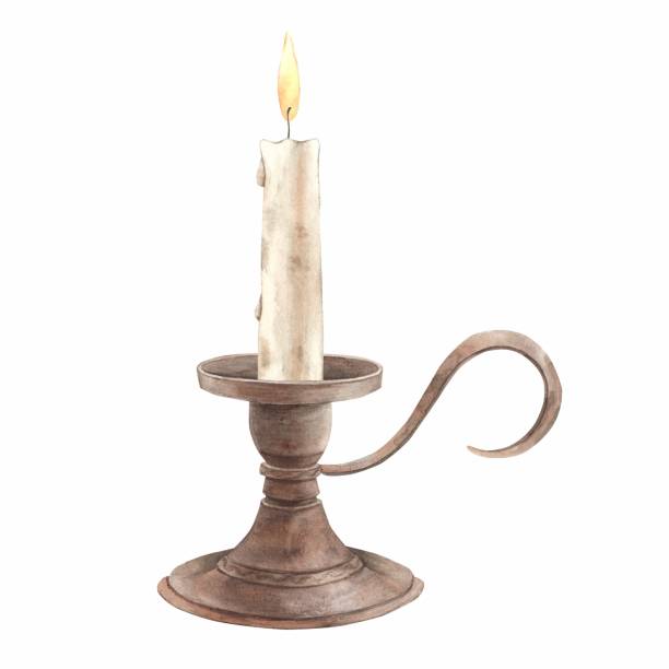 istock Burning candle in a metal copper candlestick in vintage style. Watercolor hand drawn illustration on isolated background in vintage style. The pattern is suitable for cards, books, invitations. 2158502559