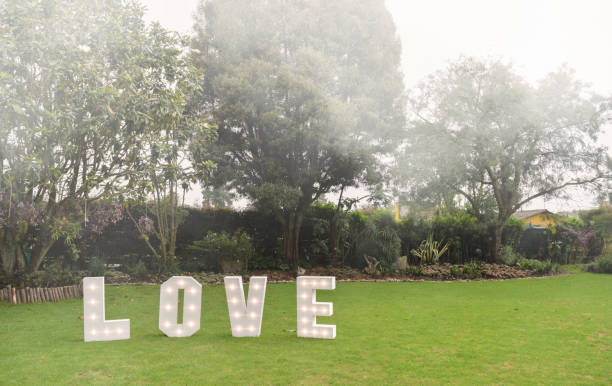 istock Giant decorative love letters with light word love with white 3d letters on a cloudy day lights on fog close up 2158505193