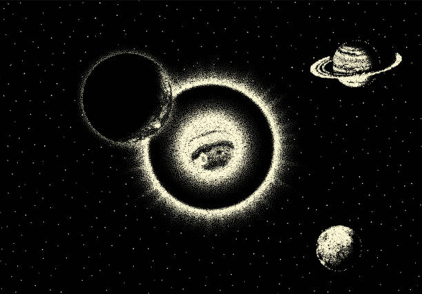 Space landscape with scenic view on planet and stars made with retro styled dotwork