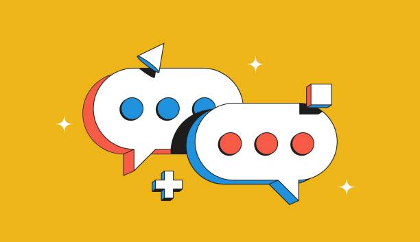 Chatbot using, texting, messaging concept illustration Two text bubbles on a yellow background. Chatbot using, texting, messaging concept. Vector illustration. connection illustrations simple stock illustrations