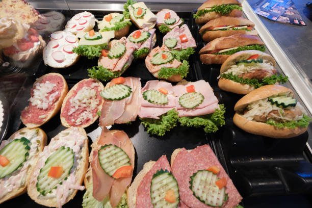 istock Delicious sandwiches on display in a bakery 2158510632