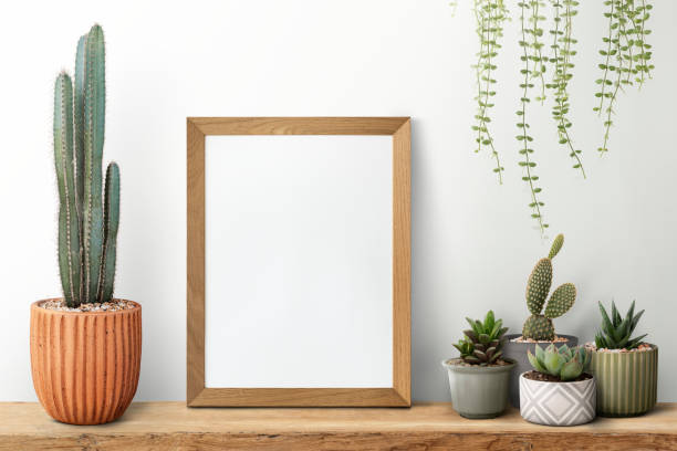 istock Wooden picture frame on a shelf with cactus 2158516058