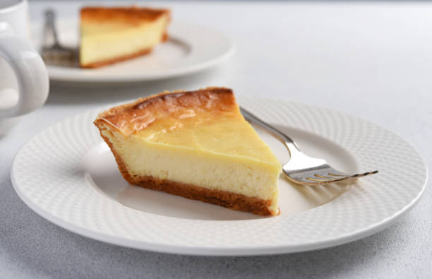 istock Slice of New York cheesecake on a concrete Light background 2158521806