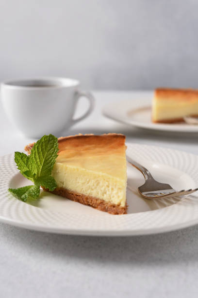 istock Slice of New York cheesecake on a concrete Light background 2158521847