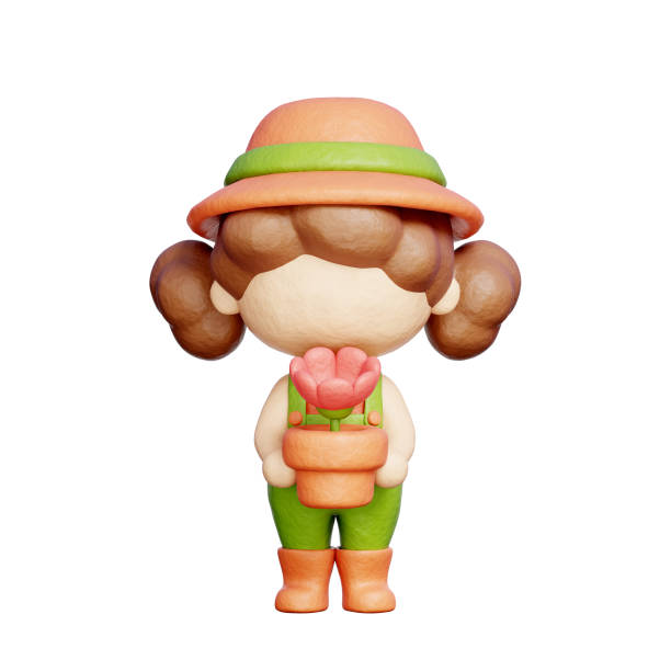 Gardener Character, gardening tools and farm equipment, 3D rendering.