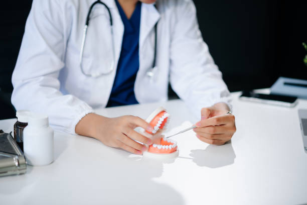 istock Dentist sitting at table with jaw samples tooth model and working with tablet and laptop. professional dental clinic. 2158529422