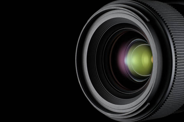 Close-up shot of camera lens with light reflections close-up, copy space for your text.