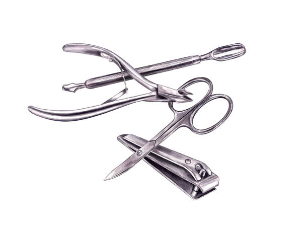 istock Manicure accessory group. Metal scissors, nail clipper, pusher and nipper. Isometric view. Steel tools steel for nail treatment. Watercolor illustration isolated on white. For beauty salon design. 2158532067