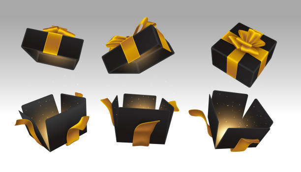 istock A set of opened black surprise boxes tied with gold ribbons 2158533557