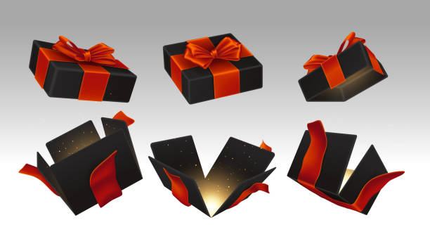 istock A set of opened black surprise boxes tied with red ribbon 2158536221