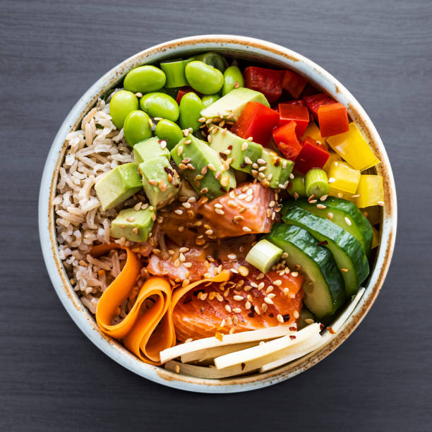 istock Salmon poke bowl flat lay photography 2158538075