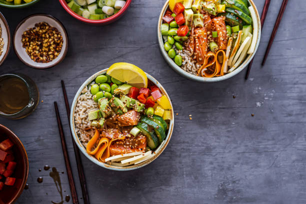 istock Salmon poke bowl flat lay photography 2158538078