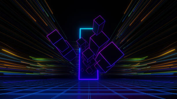 istock 3d Render, Neon light square gate portal with floating cube over high technology futuristic speed light trail background, hyper warp and fast speed glowing light. 2158538794