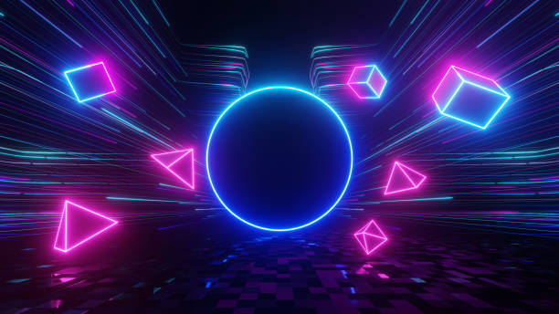 istock 3d Render, Blue circle neon light with floating cube and triangle, technology and futuristic light background, speed light trail scene. 2158538798