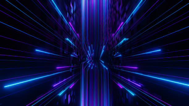 istock 3d Render, Fast speed in blue and purple neon light through reflection background, abstract hyper warp in space and galaxy. 2158538854