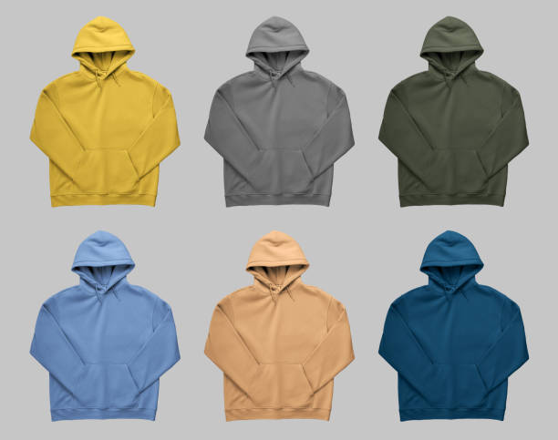 Mockup of bright men's oversized hoodie, front view, unfolded clothes, isolated on background. Set