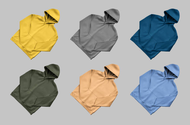 istock Mockup of colored hoodies oversize, diagonal presentation front view, sweatshirt with hood, pocket, isolated on gray background. Set 2158539476