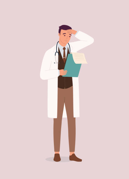 Worried Male Doctor Looking At The Medical Report. One Worried Male Doctor Looking At The Medical Report. Isolated On Color Background. cartoon of medical records stock illustrations