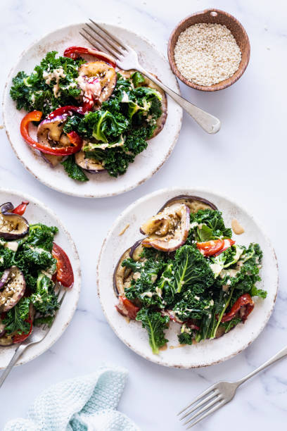 istock Keto salad with roasted eggplant and kale 2158542421