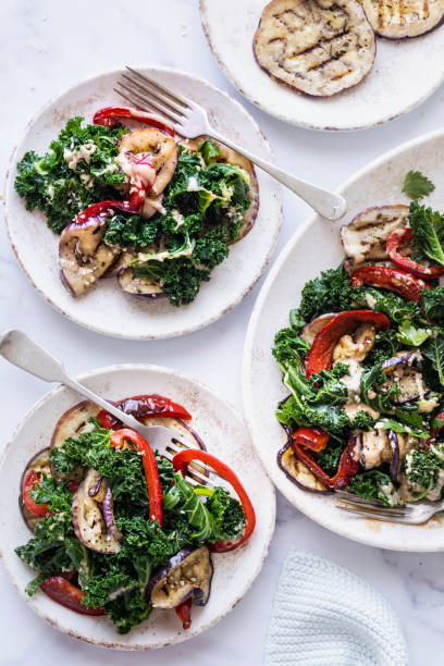 istock Keto salad with roasted eggplant and kale 2158542427
