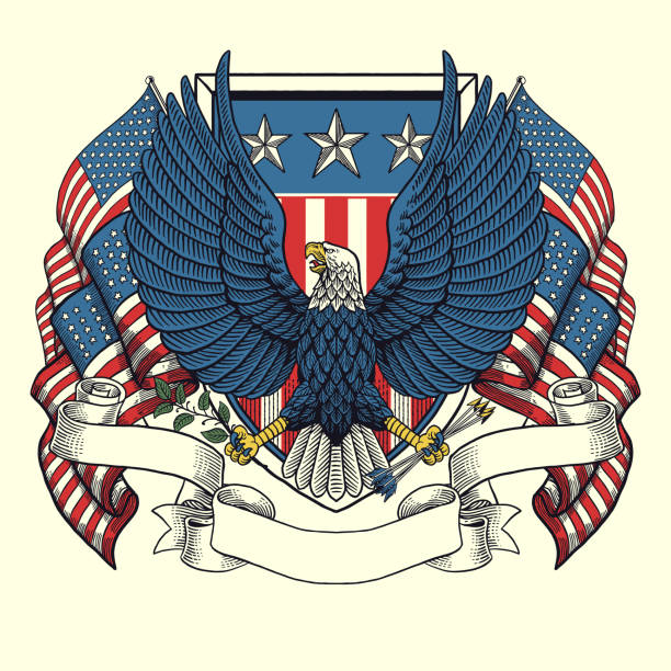 istock Vintage Illustration of American Eagle Design with shield, flags, and Ribbon 2158542665
