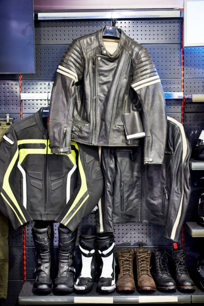 istock Leather motorcycle jackets and boots in shop 2158545381