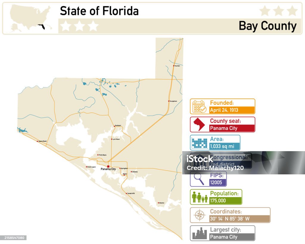 Detailed Infographic And Map Of Bay County In Florida Usa Stock