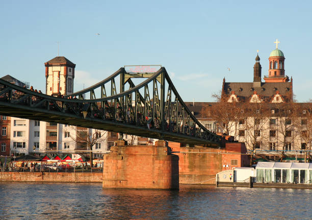 Frankfurt, Germany-December 15,2013:Unidentified People crossing The Old Historic Bridge on River Main