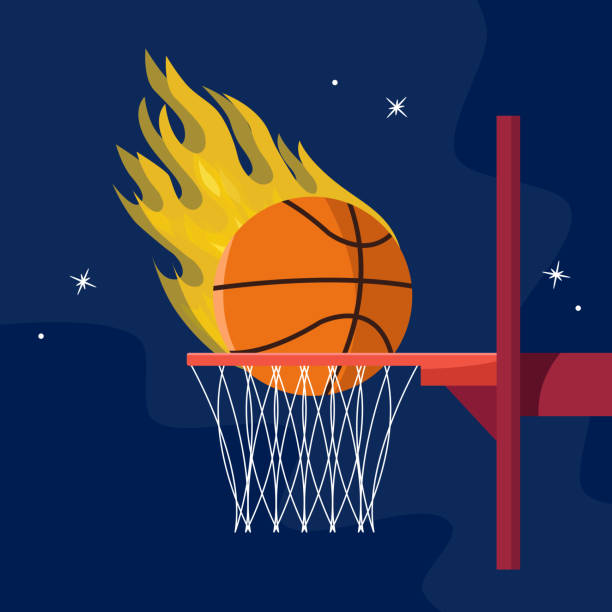 istock Basketball fire ball hits basketball hoop. Vector illustration. 2158549633