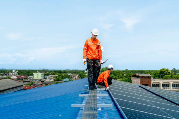 istock engineer man inspects construction of solar cell panel or photovoltaic cell by electronic device. Industrial Renewable energy of green power. factory worker working on tower roof. 2158549764