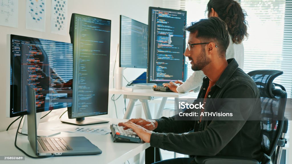 Latin Coder Focused Latinx Programmer Coding With Colleague In Office Digital ...