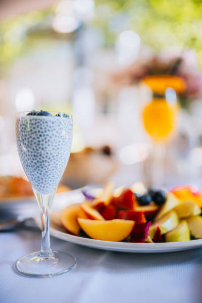 Close-up of chia pudding in the restaurant outdoors