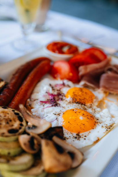 istock Breakfast with two fried eggs in the hotel restaurant 2158554114