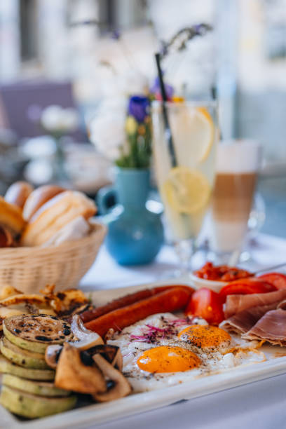 istock Breakfast with two fried eggs in the hotel restaurant 2158554228