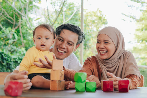 istock Asian Muslim parent playing blocks with their kid. 2158554797