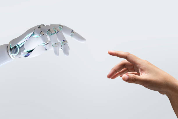 istock Technology human touch background, modern remake of The Creation of Adam 2158555642
