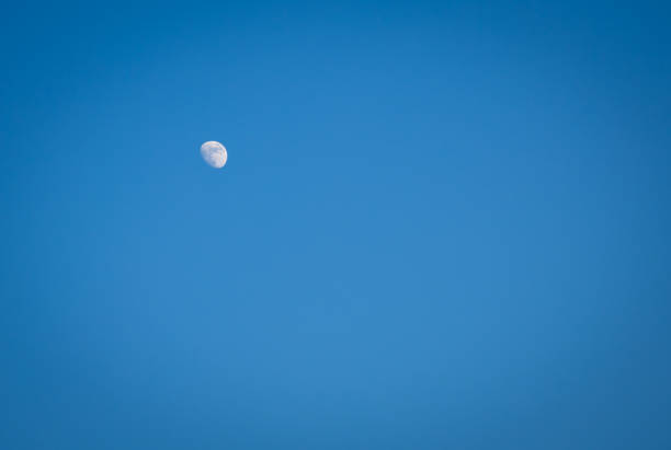 isolated moon in bright blue sky at evening