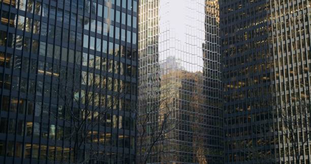 istock Light reflections sunbeams on skyscrapers. Captivating cityscape featuring sunlight reflecting off high-rise buildings. Light, skyscrapers, reflections. Cinematic view energy of cityscape. 2158556920