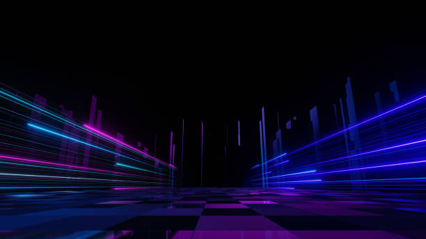 3d Render, fast speed neon light toward to city building at night with reflection on floor, highway light data and futuristic and technology.