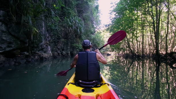 istock Man sails kayak in calm river surrounded by cliff and trees 2158557792