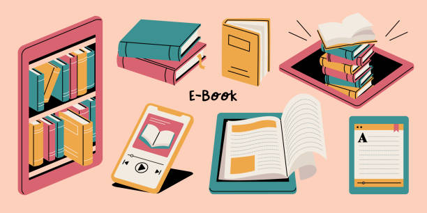 vektorillustrationssatz von e-book-bezogenen artikeln - e book reader stock-grafiken, -clipart, -cartoons und -symbole