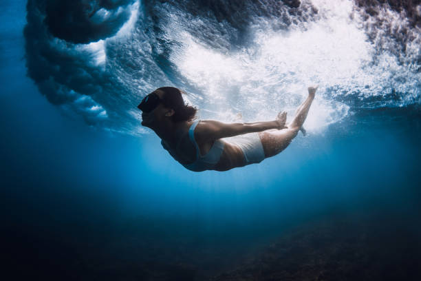 istock Woman swim underwater under ocean crashing wave. 2158564765