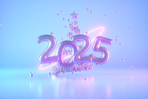istock 2025 New Year balloons with Christmas tree and neon lighting on purple background 2158564803