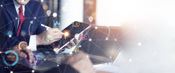 istock Business team working on laptop at office with digital diagram  Internet network technology concept and financial graph 2158567170
