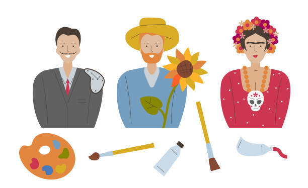 ilustraciones, imágenes clip art, dibujos animados e iconos de stock de conjunto de retrato de dibujos animados y elementos de estilo van gogh, frida kahlo, salvador dalí. ilustración vectorial. artista y arte. grandes pintores pintando arte - obras de frida kahlo