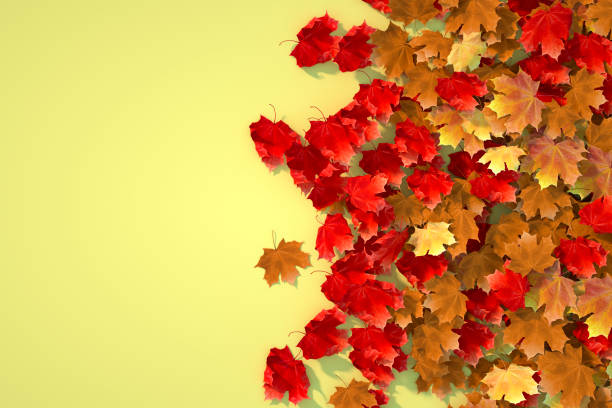 Autumn leaves on yellow background. Digitally generated image. 3d render.