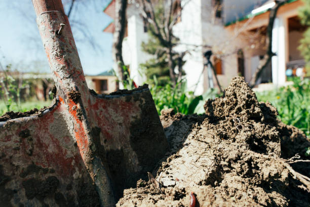 A shovel is in the dirt next to a house. The shovel is rusty and has a bent handle