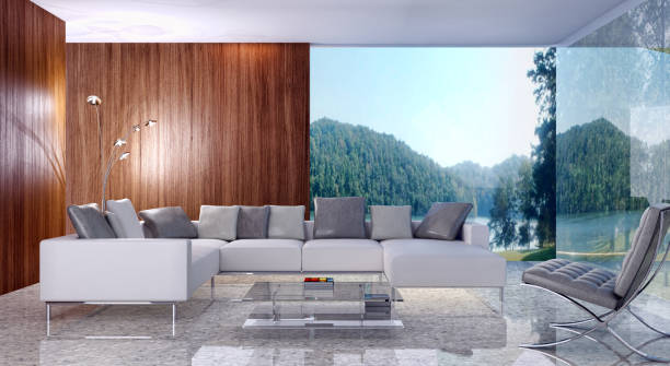 istock Large luxury modern bright interiors Living room mockup illustration 3D rendering image 2158590663