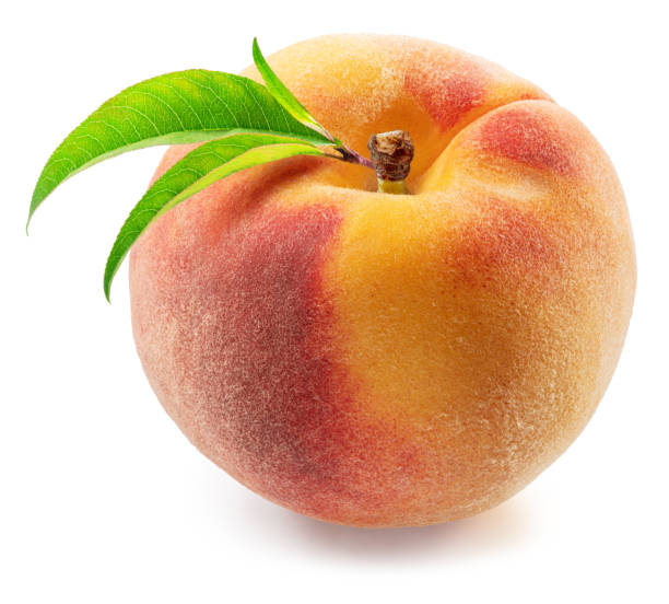 istock Ripe red peach with green leaf isolated on white background. File contains clipping path. 2158593011